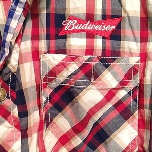 Budweiser logo Weatheproof Red white and blue button shirt with  !Size L